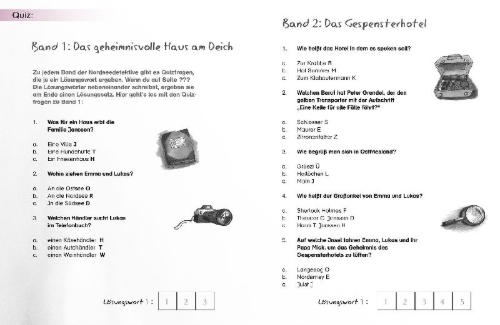 Buchcover und Innenansicht für das Buch: Die Nordseedetektive. Das Spiel-, Spaß- und Rätselbuch