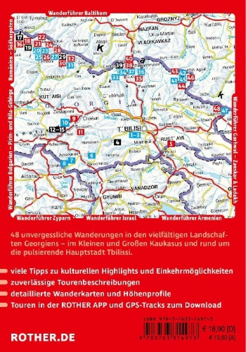 Buchcover und Innenansicht für das Buch: ROTHER Wanderführer Georgien. 48 Touren im Kleinen und Großen Kaukasus und rund um Tbilissi