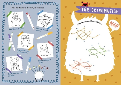 Buchcover und Innenansicht für das Buch: Leserätsel für mutige Kinder - Die Monster sind los! - ab 6 Jahren