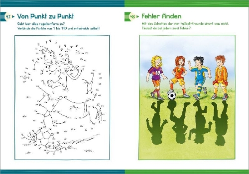 Buchcover und Innenansicht für das Buch: Extradicker Rätselspaß für Fußballfans