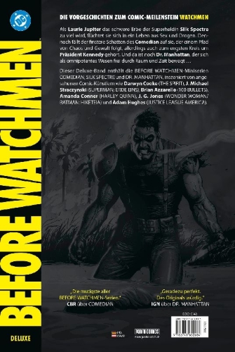 Buchcover und Innenansicht für das Buch: Before Watchmen: Comedian #1-#6; Before Watchmen: Silk Spectre #1-#4; Before Watchmen: Dr. Manhatten #1-#4