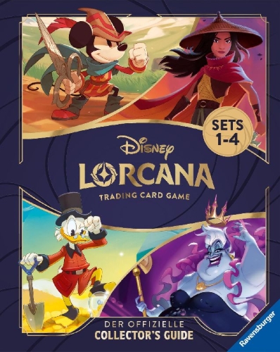 Buchcover und Innenansicht für das Buch: Disney Lorcana Trading Card Game - Der offizielle Collector's Guide: Sets 1-4 - Buch zum Spiel