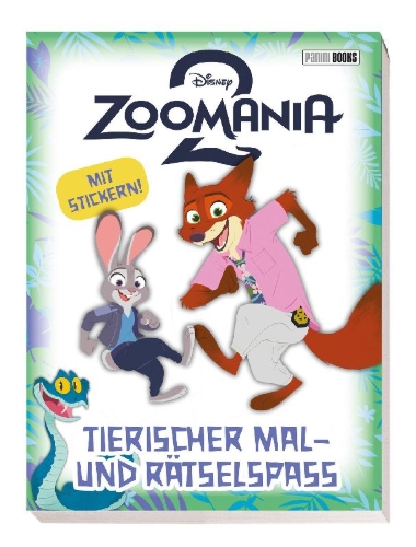 Buchcover und Innenansicht für das Buch: Disney Zoomania 2: Tierischer Mal- und Rätselspaß - Mit Stickern!