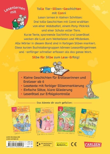 Buchcover und Innenansicht für das Buch: Lesen lernen mit Conni: Tolle Tier-Silben-Geschichten mit Conni