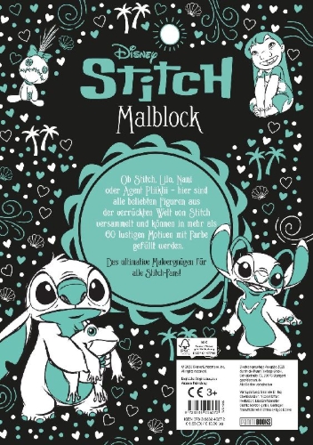Buchcover und Innenansicht für das Buch: Disney Stitch: Malblock: über 60 lustige Motive zum Ausmalen!