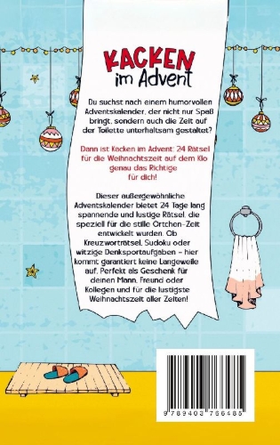 Buchcover und Innenansicht für das Buch: Kacken im Advent: 24 Rätsel für die Weihnachtszeit auf dem Klo