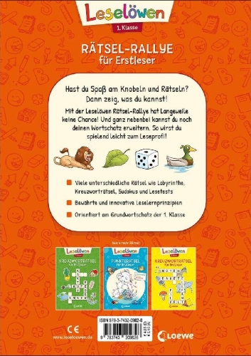 Buchcover und Innenansicht für das Buch: Leselöwen Rätsel-Rallye für Erstleser - 1. Klasse (Orange)