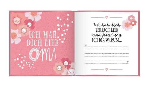 Buchcover und Innenansicht für das Buch: Das Erinnerungsbuch für die beste Oma der Welt. Ausfüllbuch zum Verschenken für die Oma zum Geburtstag, oder Muttertag. Liebevolle Geschenkidee für Oma von Enkeltochter und Enkelsohn. Geschenkbuch