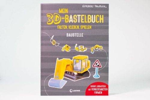 Buchcover und Innenansicht für das Buch: Mein 3D-Bastelbuch - Falten, kleben, spielen - Baustelle
