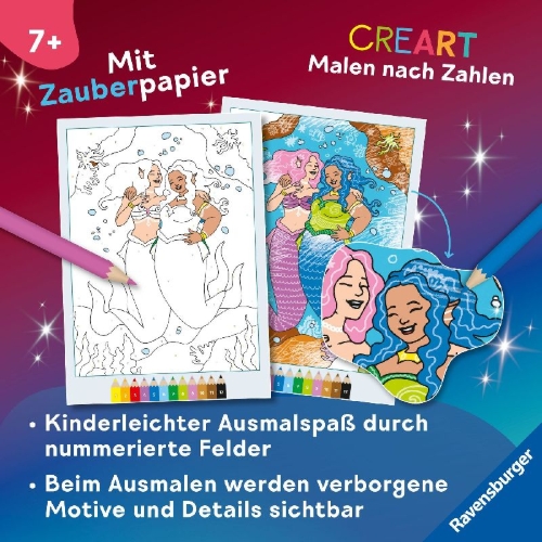 Buchcover und Innenansicht für das Buch: CreArt Malen nach Zahlen ab 7 Zauberpapier - Meerjungfrauen