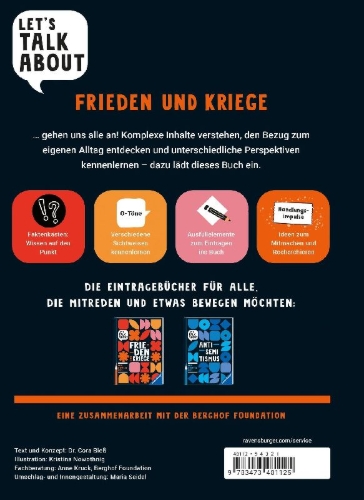 Buchcover und Innenansicht für das Buch: Let's talk about - Frieden und Kriege. Dein Eintragebuch