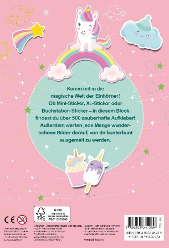 Buchcover und Innenansicht für das Buch: Einhörner: Zauberhafter Sticker- und Malspaß