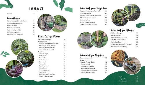 Buchcover und Innenansicht für das Buch: Keine Zeit zu gärtnern - Easy Ernteglück mit wenig Aufwand