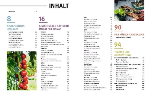 Buchcover und Innenansicht für das Buch: Gärtnern im Gewächshaus Monat für Monat
