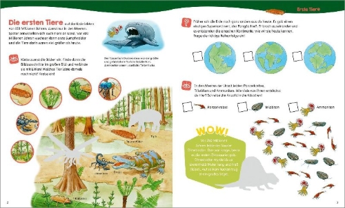 Buchcover und Innenansicht für das Buch: WAS IST WAS Junior Mitmach-Heft Dinosaurier und Tiere der Urzeit