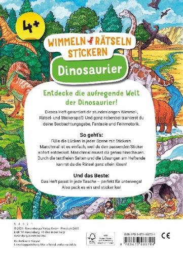 Buchcover und Innenansicht für das Buch: Wimmeln, Rätseln, Stickern: Dinosaurier