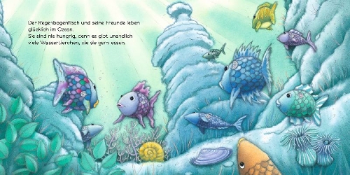 Buchcover und Innenansicht für das Buch: Der Regenbogenfisch stiftet Frieden