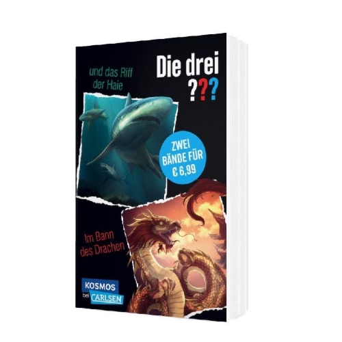 Buchcover und Innenansicht für das Buch: Die drei ???: Doppelband - Enthält die Bände: Die drei ??? und das Riff der Haie / Im Bann des Drachen