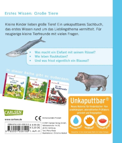 Buchcover und Innenansicht für das Buch: Unkaputtbar: Erstes Wissen: Große Tiere