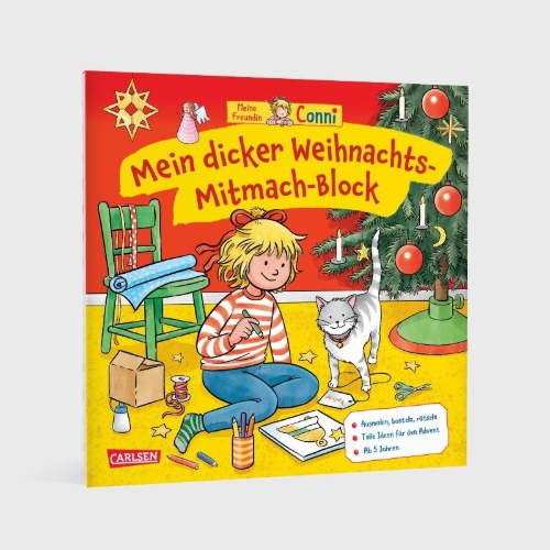 Buchcover und Innenansicht für das Buch: Conni Gelbe Reihe (Beschäftigungsbuch): Mein dicker Weihnachts-Mitmach-Block