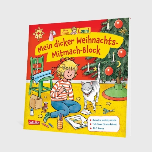 Buchcover und Innenansicht für das Buch: Conni Gelbe Reihe (Beschäftigungsbuch): Mein dicker Weihnachts-Mitmach-Block