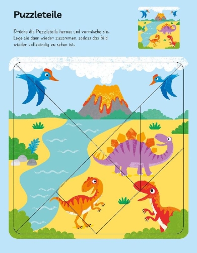 Buchcover und Innenansicht für das Buch: Mein Alles-drin-Mitmachbuch: Dinosaurier