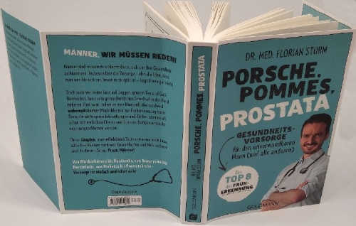 Buchcover und Innenansicht für das Buch: Porsche, Pommes, Prostata - Gesundheitsvorsorge für den unverwundbaren Mann (und alle anderen)