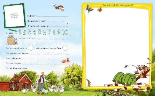 Buchcover und Innenansicht für das Buch: Pettersson und Findus Freundebuch