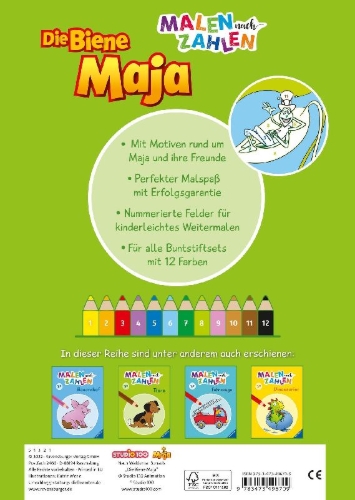 Buchcover und Innenansicht für das Buch: Die Biene Maja: Malen nach Zahlen ab 3