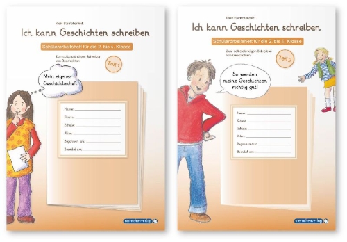 Buchcover und Innenansicht für das Buch: Ich kann Geschichten schreiben Teil 1 und 2 im Set - 2 Schülerarbeitshefte für die 2. bis 4. Klasse