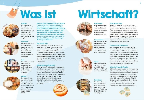 Buchcover und Innenansicht für das Buch: WAS IST WAS Wissenschaften easy. Was kostet die Welt? So funktioniert Wirtschaft