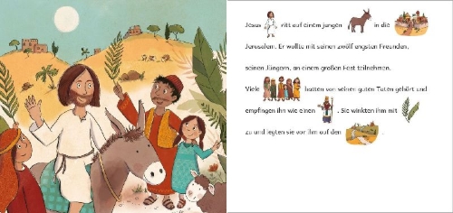 Buchcover und Innenansicht für das Buch: Auf einem Esel nach Jerusalem ... Die Ostergeschichte in Bildwörtern