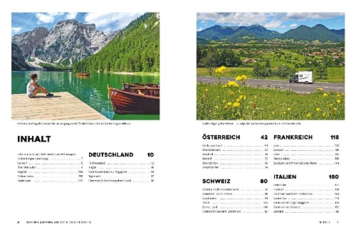Buchcover und Innenansicht für das Buch: Yes we camp! Alpen-Camping an Seen und Flüssen