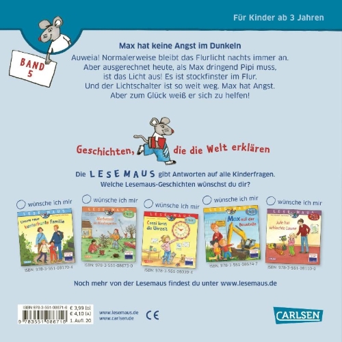 Buchcover und Innenansicht für das Buch: LESEMAUS 5: Max hat keine Angst im Dunkeln