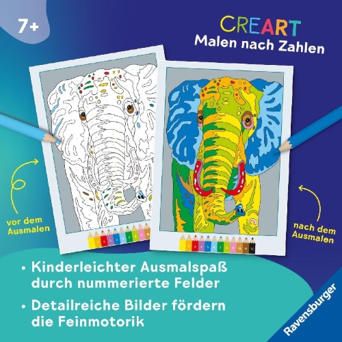 Buchcover und Innenansicht für das Buch: CreArt Malen nach Zahlen ab 7: Wilde Tiere