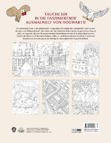 Buchcover und Innenansicht für das Buch: Harry Potter: An Official Hogwarts Coloring Book