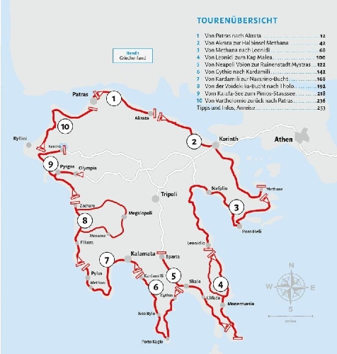 Buchcover und Innenansicht für das Buch: Entdeckertouren mit dem Wohnmobil Peloponnes