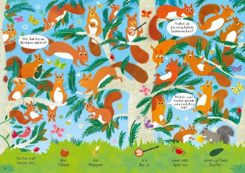 Buchcover und Innenansicht für das Buch: Meine ersten Wimmelrätsel: Tiere im Wald