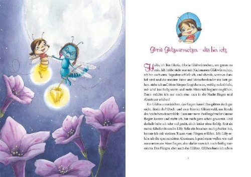 Buchcover und Innenansicht für das Buch: Gloria Glühwürmchen - Gutenachtgeschichten aus dem Glitzerwald