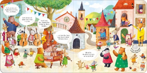Buchcover und Innenansicht für das Buch: Mein Klassik-Klangbuch: Das Tier-Orchester spielt Bach