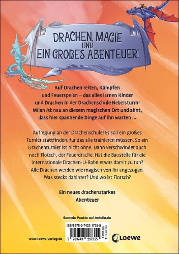 Buchcover und Innenansicht für das Buch: Drachenschule Nebelsturm (Band 2) - Der verschwundene Feuerdrache