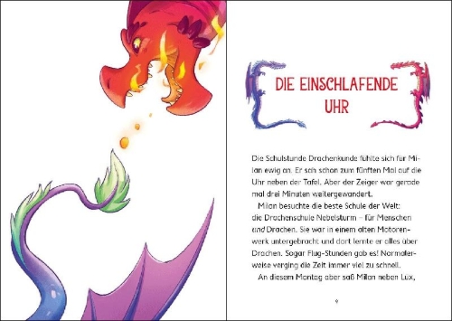 Buchcover und Innenansicht für das Buch: Drachenschule Nebelsturm (Band 2) - Der verschwundene Feuerdrache