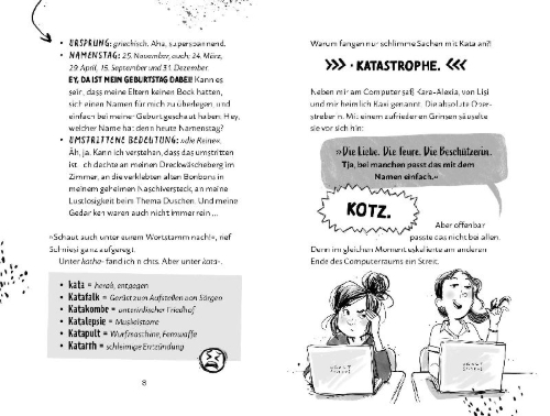 Buchcover und Innenansicht für das Buch: Kathas Katastrophen - Mein Leben zwischen Fakten-Check und Love-Attack