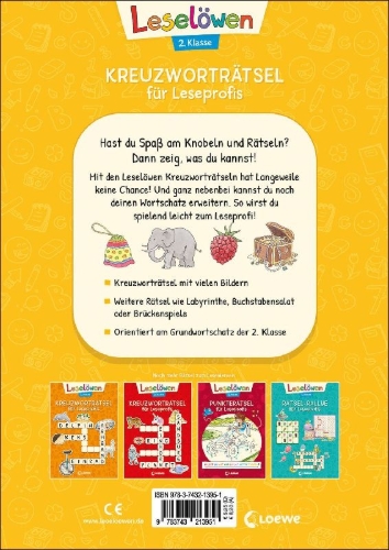 Buchcover und Innenansicht für das Buch: Leselöwen Kreuzworträtsel für Leseprofis - 2. Klasse (Sonnengelb)
