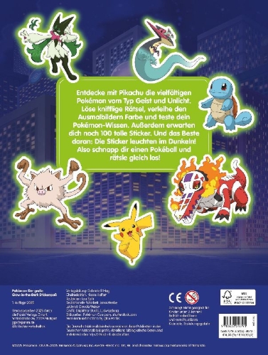 Buchcover und Innenansicht für das Buch: Pokémon: Der große Glow-in-the-Dark Stickerspaß: Stickern - Rätseln - Ausmalen