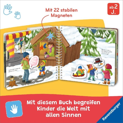 Buchcover und Innenansicht für das Buch: Mein großes Magnetbuch - Wir feiern Weihnachten: Mit 22 Magneten