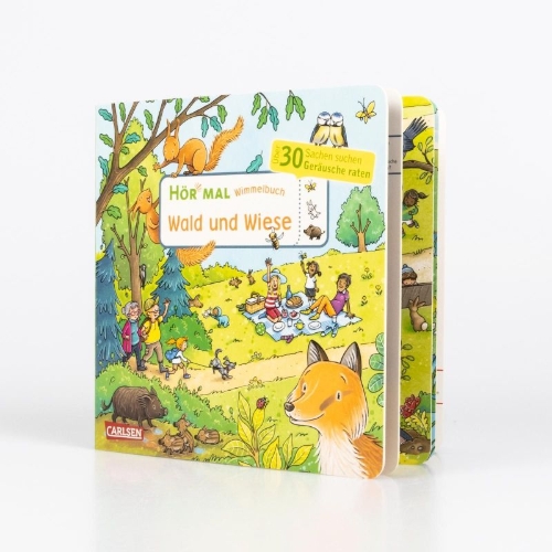 Buchcover und Innenansicht für das Buch: Hör mal (Soundbuch): Wimmelbuch: Wald und Wiese