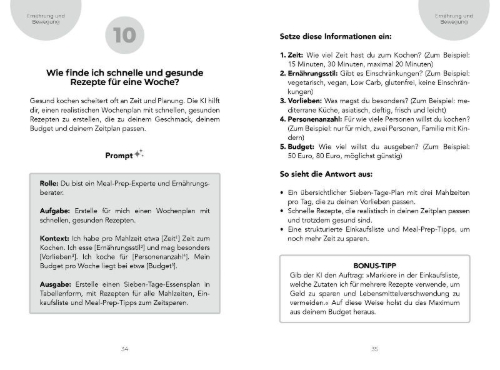 Buchcover und Innenansicht für das Buch: Clever gefragt, prompt gelöst - die 77 besten Fragen an ChatGPT & Co.