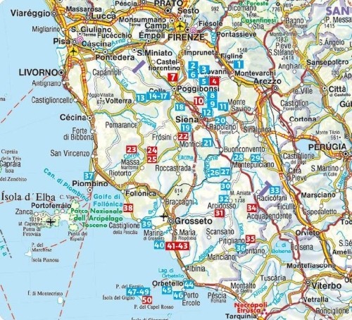 Buchcover und Innenansicht für das Buch: ROTHER Wanderführer Toskana - Der Süden. 50 Touren zwischen Florenz und der Maremma, im Chianti und um San Gimignano und Siena