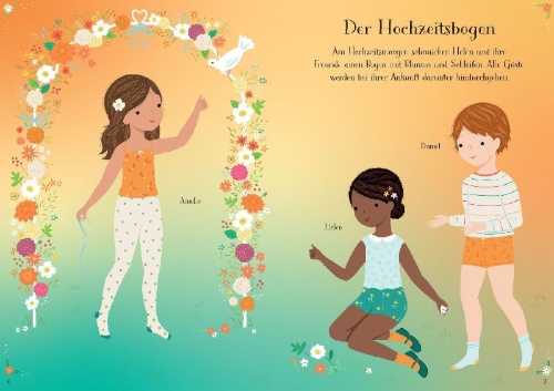 Buchcover und Innenansicht für das Buch: Mein erstes Anziehpuppen-Stickerbuch: Helen auf dem Hochzeitsfest